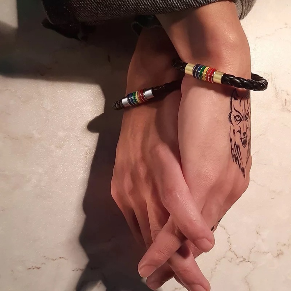 LGBT Pride Pair Couple Bracelets Leather Braided Magnetic Rainbow Gay Lover Gift